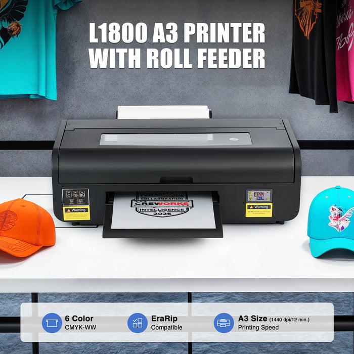 DTF Printer A3, L1800 Transfer Printing Machine with White Ink Circulation & Stirring System, Auto Cleaning, T-Shirt Direct to Film Printer with Oven Film Roll & Inks