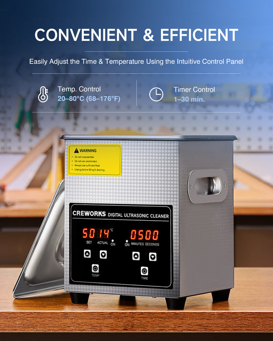 CREWORKS 2L Digital Ultrasonic Cleaner with Stainless Steel Basket Heater Timer