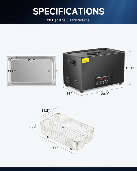 Ultrasonic Cleaning: Professional Ultrasonic Machine with Heater, Timer, and Dual Mode 30L