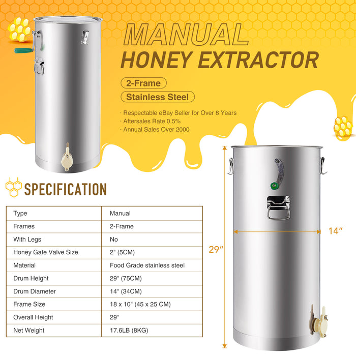 2-Frame Manual Honey Extractor Beekeeping Equipment Hand Crank Drum Honeycomb