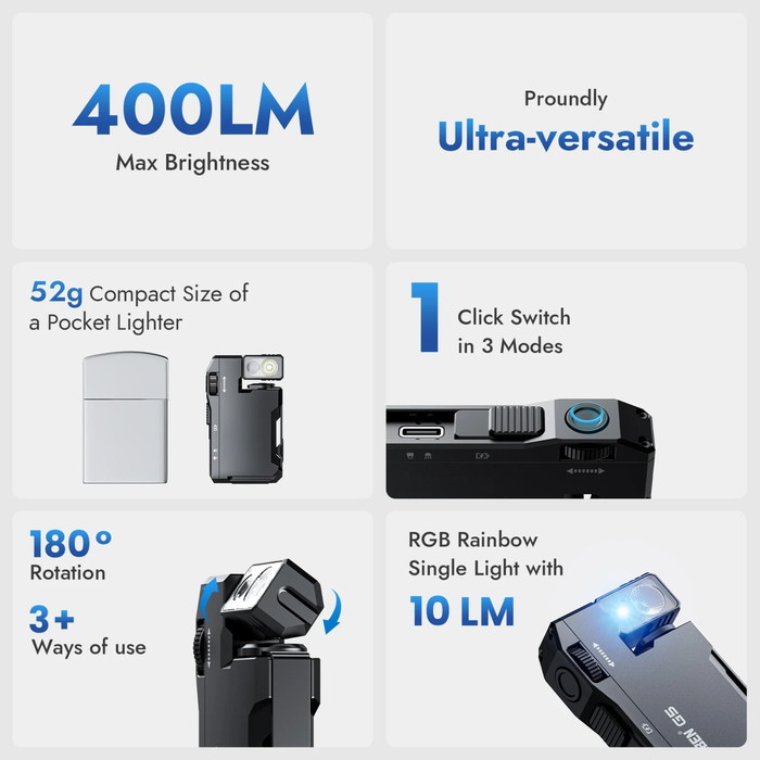 Rechargeable EDC Flashlight, 400 Lumens Dual Light Sources Mini Flashlight with RGB Light, Portable Pocket Flashlights