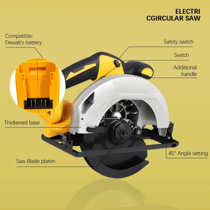 7-inch Cordless Circular Saw 5000rpm Brushless Woodworking Saw 45-degree Cutting Angle Adjustment For Dewalt 20V Battery Pin