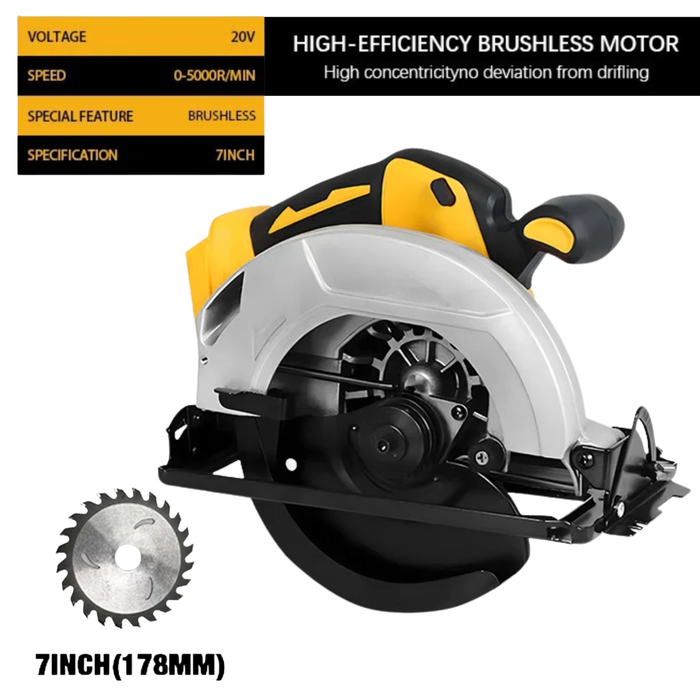 7-inch Cordless Circular Saw 5000rpm Brushless Woodworking Saw 45-degree Cutting Angle Adjustment For Dewalt 20V Battery Pin