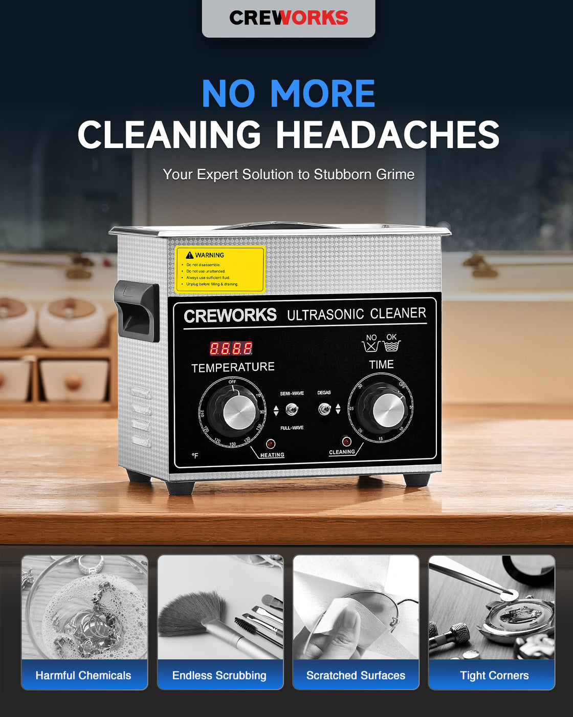 CREWORKS 3L Ultrasonic Cleaning Machine with Heater and Timer, 120W St ...