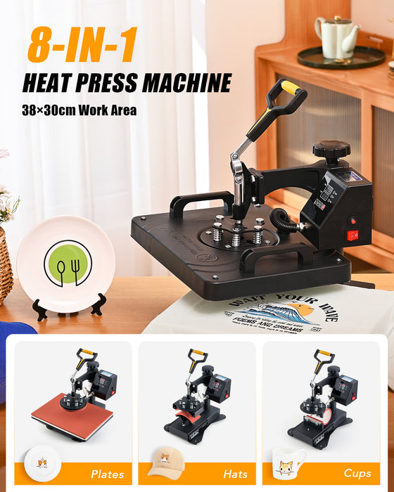 38x30cm Heat Press Machine, 8 in 1 Swing Away Shirt Printing Machine with Digital Control Panel