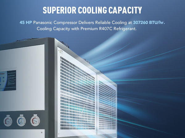 Superior Cooling Capacity: 45 HP Panasonic Compressor Delivers 307260 BTU/hr.
Cooling Capacity with Premium R407C Refrigerant.	