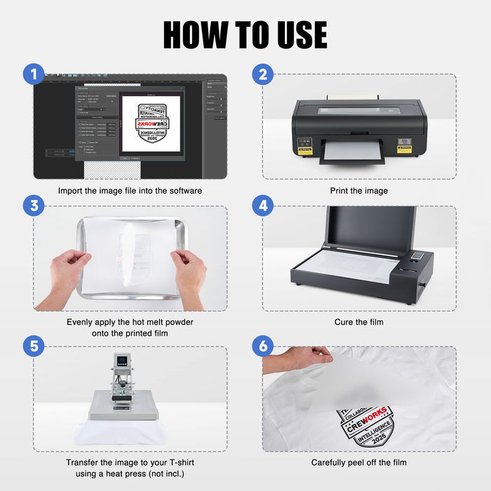 DTF Printer A3, L1800 Transfer Printing Machine with White Ink Circulation & Stirring System, Auto Cleaning, T-Shirt Direct to Film Printer with Oven Film Roll & Inks