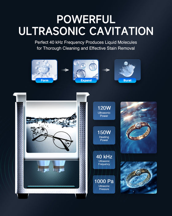Upgraded 120W Ultrasonic Cleaner 150W Heater with Degas & Gentle Modes 40kHz, 3L