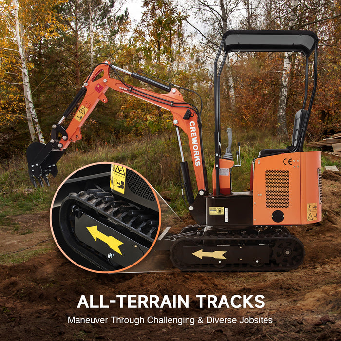 CREWORKS 13.8 HP Kubota Engine 1.1 Ton Mini Excavator with All-Terrain Tracks