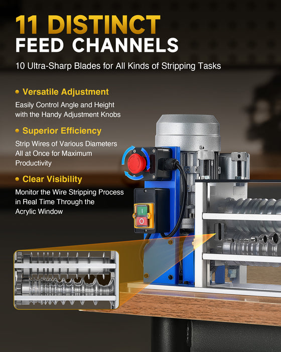 CREWORKS Electric Wire Stripping Machine, 11-Channel Automatic Wire Stripper for 0.06"-1.5" Copper Wires, 370W Cable Stripper with 10 Blades