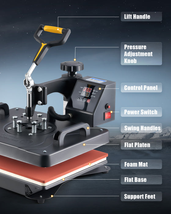 38x30cm Heat Press Machine, 8 in 1 Swing Away Shirt Printing Machine with Digital Control Panel