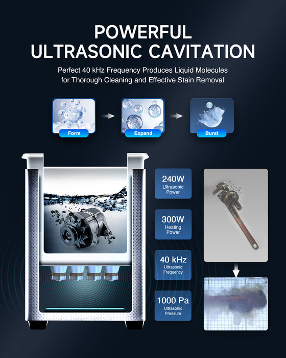 240W Ultrasonic Cleaner with Digital Timer and 300W Heating Power 40kHz, 10L
