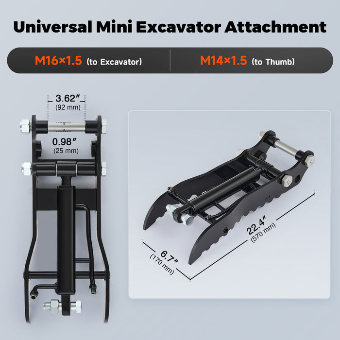 AHM Hydraulic Thumb Clip Attachment for 0-2T Mini Excavator Digger with Hydraulic Hoses