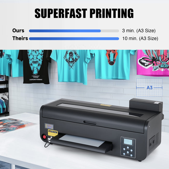 Upgraded DTF Printer A3, XP600 – Faster Printing, White Ink Circulation, Auto Cleaning, Direct to Film T-Shirt Printer with Oven, Film Roll & Inks