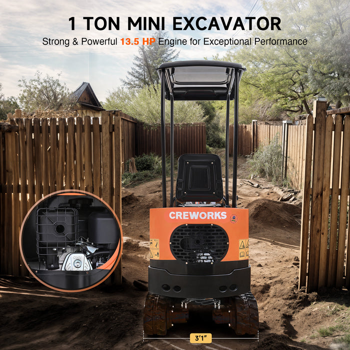 CREWORKS 13.5 hp Mini Excavator B&S Engine 1 Ton Gasoline Mini Digger for Narrow & Tight Spaces