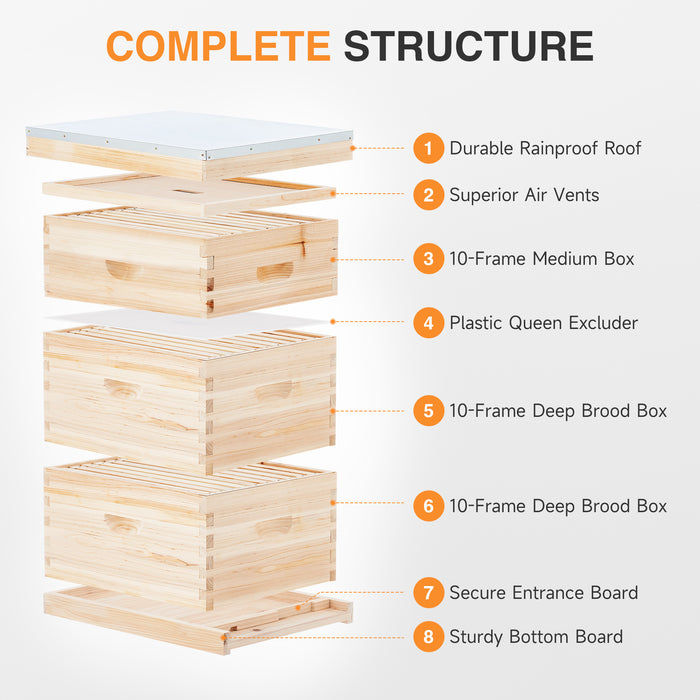 Langstroth Beehive Starter Kit - 3 Layer Bee House with Frames & Supplies