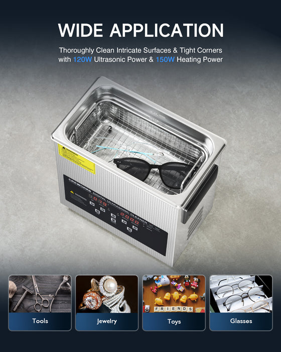 Upgraded 120W Ultrasonic Cleaner 150W Heater with Degas & Gentle Modes 40kHz, 3L