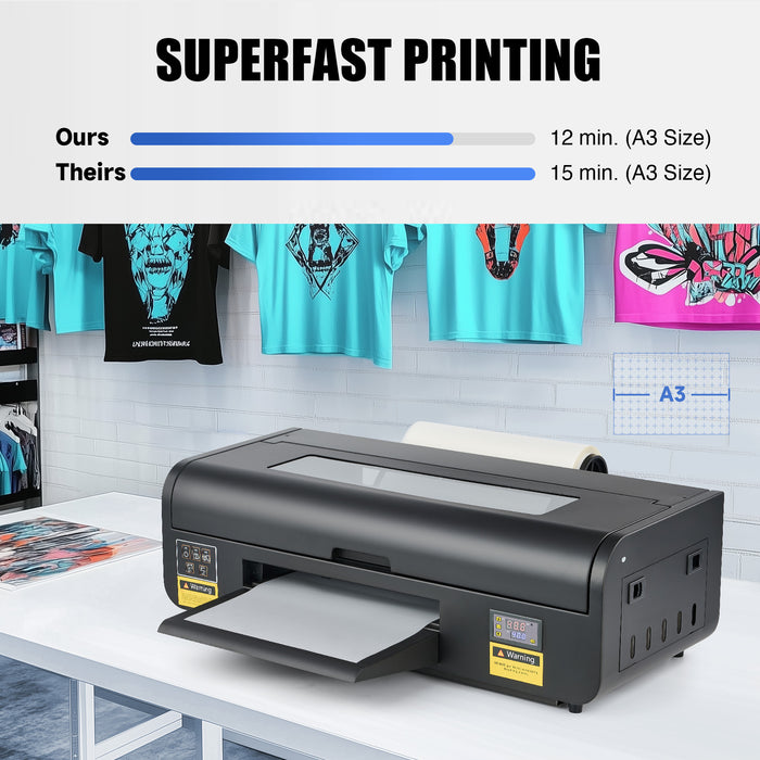 DTF Printer A3, L1800 Transfer Printing Machine with White Ink Circulation & Stirring System, Auto Cleaning, T-Shirt Direct to Film Printer with Oven Film Roll & Inks