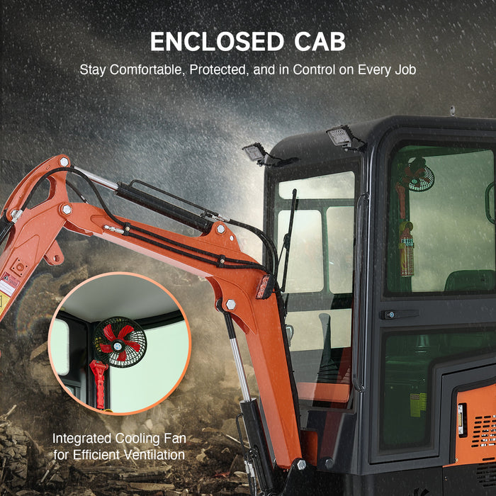 CREWORKS 13.5HP Mini Excavator 1 Ton Mini Crawler Excavator with Enclosed Cab