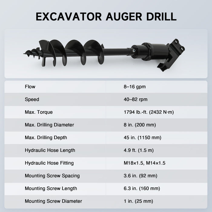 CREWORKS Hydraulic Auger Drill Attachment for Mini Excavator 8" Diameter 45" Depth