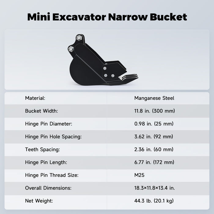 AHM 300 mm Narrow Bucket Attachment 12 inch Trenching Bucket for Mini Excavators