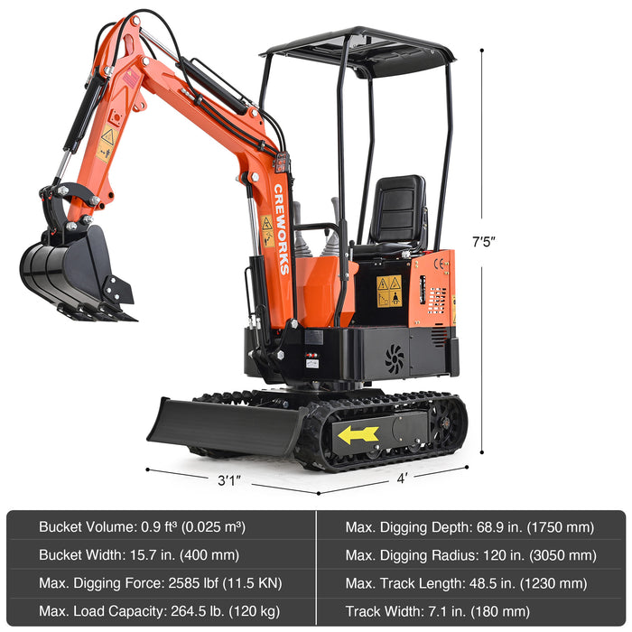 CREWORKS 13.5 hp Mini Excavator B&S Engine 1 Ton Gasoline Mini Digger for Narrow & Tight Spaces
