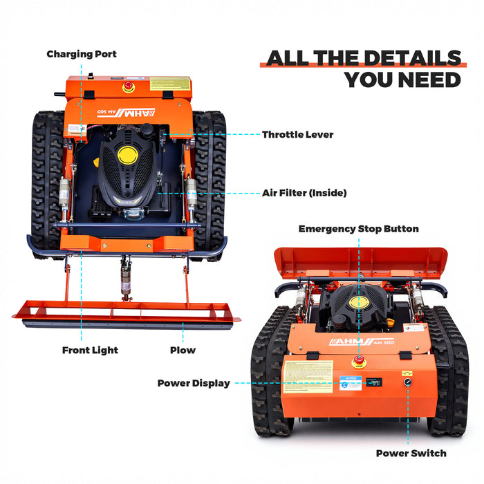 AHM Lawn Mower with Snow Plow, Remote-Controlled Grass Cutter & Snow Blower with 19.7" Cutting Width, Zero Turn Electric Grass Trimmer with 0.8"-5.9" Height Range 45° Max Slope 1094yd Remote Range