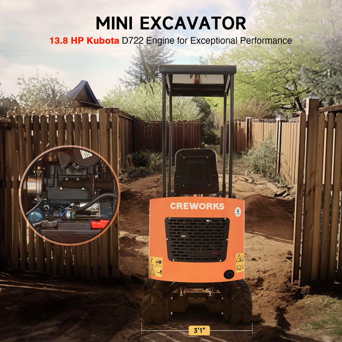 CREWORKS 13.8 HP Kubota Engine 1.1 Ton Mini Excavator with All-Terrain Tracks