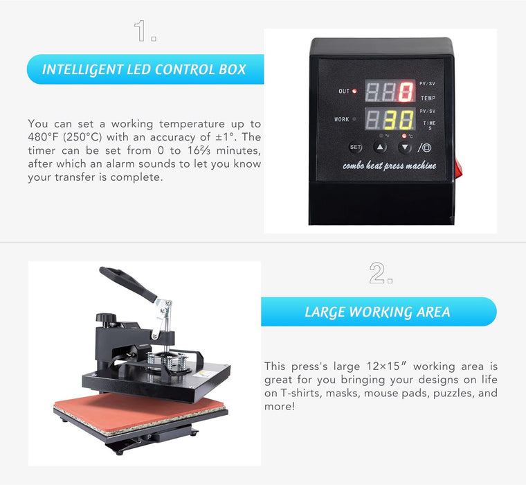 12x15 Inch Heat Press Machine, T Shirt Transfer with 8-in-1 Plate Cap Mug Set, Press Professional Swing-Away Heat Press Machine 1250W for Shirts Cups Plates Hats