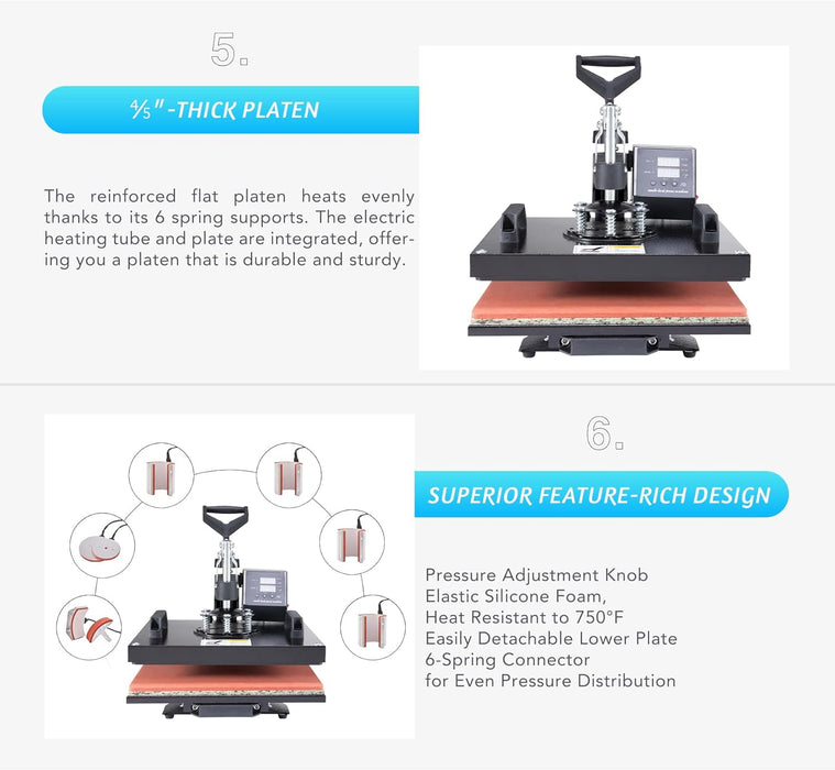 12x15 Inch Heat Press Machine, T Shirt Transfer with 8-in-1 Plate Cap Mug Set, Press Professional Swing-Away Heat Press Machine 1250W for Shirts Cups Plates Hats