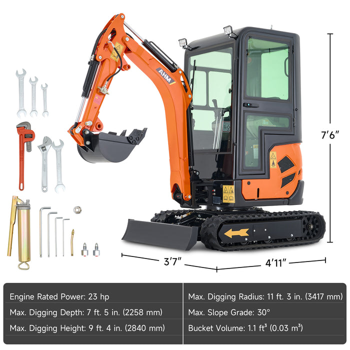 AHM | AX-17J | 23 HP B&S Engine 1.6 Ton Mini Excavator with Swing Boom & Enclosed Cab | Upgraded Professional Model
