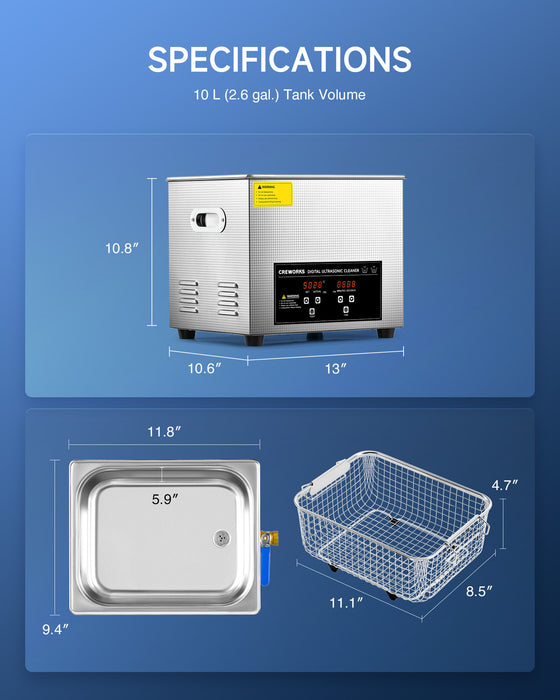 CREWORKS 10L Ultrasonic Cleaner, 2.6 gal Professional Industrial Auto Cleaning Machine for Jewelry Dentures Repairing Tools Parts Instrument, 40kHz Digital Sonic Cavitation Cleaner with Heater & Timer