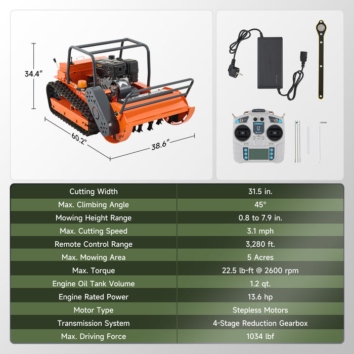 AHM X80 | 31.5" Remote Control Lawn Mower, 13.6HP Hybrid Power, Adjustable Height, 45°Slope Climbing