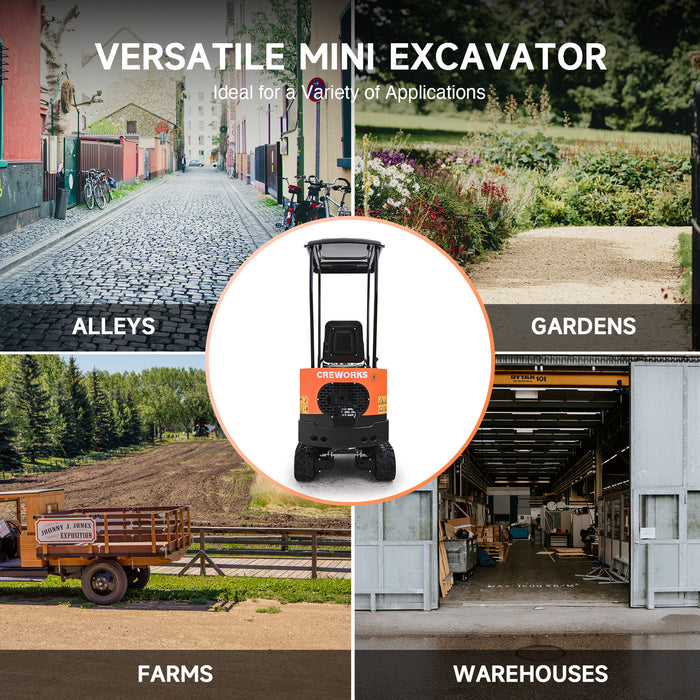 CREWORKS 13.5 hp Mini Excavator B&S Engine 1 Ton Gasoline Mini Digger for Narrow & Tight Spaces