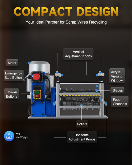 CREWORKS Electric Wire Stripping Machine, 11-Channel Automatic Wire Stripper for 0.06"-1.5" Copper Wires, 370W Cable Stripper with 10 Blades