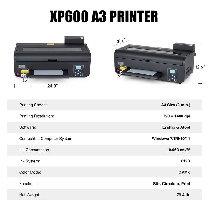 Upgraded DTF Printer A3, XP600 – Faster Printing, White Ink Circulation, Auto Cleaning, Direct to Film T-Shirt Printer with Oven, Film Roll & Inks