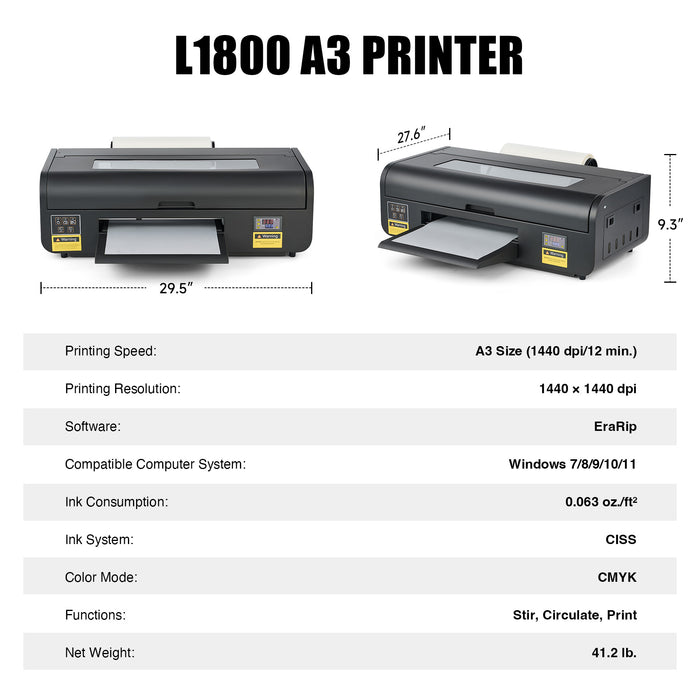 DTF Printer A3, L1800 Transfer Printing Machine with White Ink Circulation & Stirring System, Auto Cleaning, T-Shirt Direct to Film Printer with Oven Film Roll & Inks