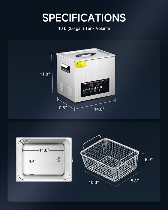240W Ultrasonic Cleaner with Digital Timer and 300W Heating Power 40kHz, 10L