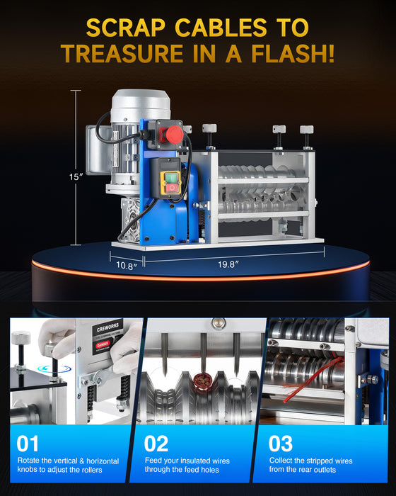 CREWORKS Electric Wire Stripping Machine, 11-Channel Automatic Wire Stripper for 0.06"-1.5" Copper Wires, 370W Cable Stripper with 10 Blades