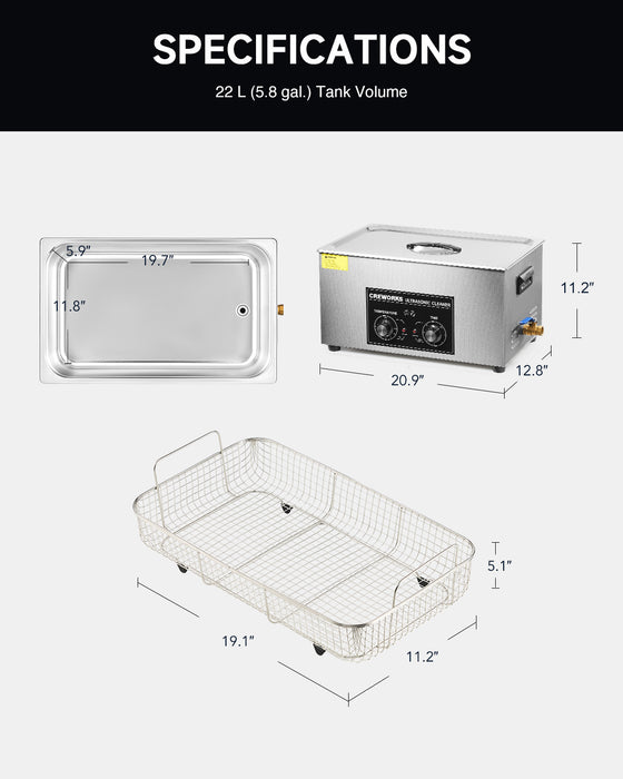 Knob Ultrasonic Cleaner with Digital Timer and Heater for Ultrasonic Cleaning 22L