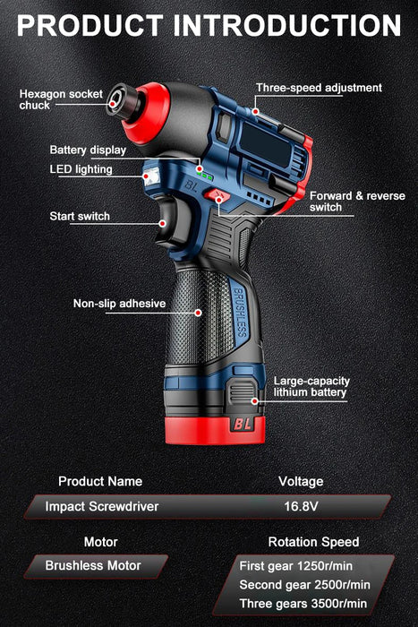200N.m 16.8V Brushless Electric Drill Screwdriver Impact Driver Cordless Drill Household Multifunction Hit Power Tools