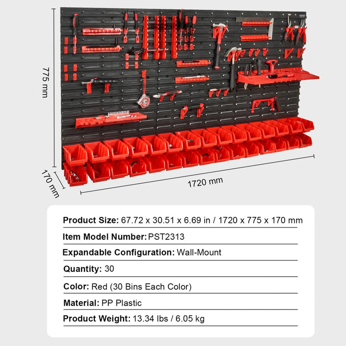 30Bin Wall Mounted Storage Bins Parts Rack Organizer Garage with Wall Panels Hooks Plastic Shop Tool for Screw Nails