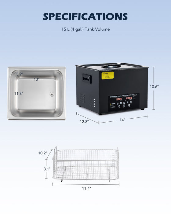    Ultrasonic-Cleaning-Professional-Ultrasonic-Machinewith-Heater-Timer-and-Dual-Mode-15L-Specifications