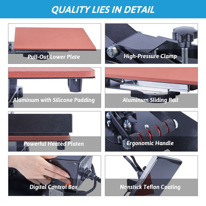 Versatile Heat Press Machine - 15x15, 1000W, LED, 360° Rotation