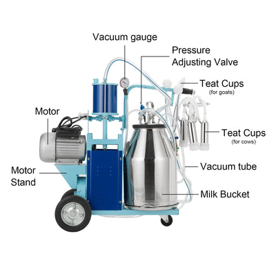 Electric Milking Machine Stainless Steel Milker Machine for Cows and Goats w/ 25L Milking Bucket & Milking 10-12 Cows per Hour